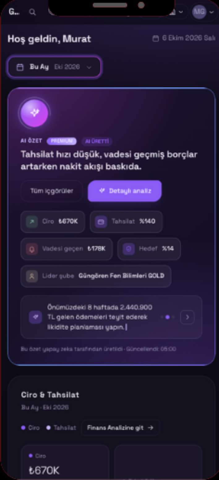 EduDiamond mobile dashboard with an AI summary of revenue and collections
