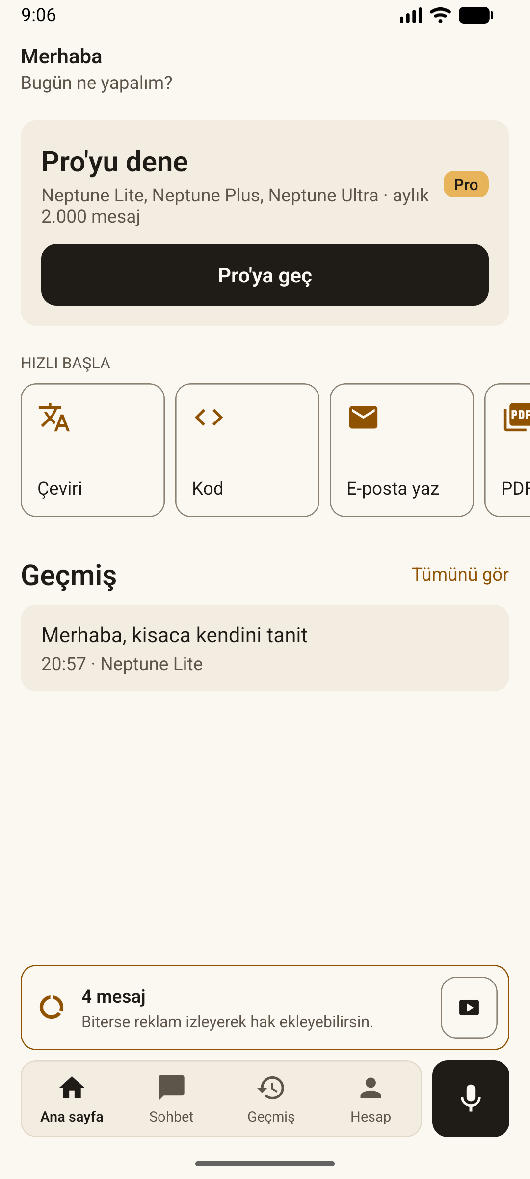 Neptune AI home screen with quick-start actions and recent chats