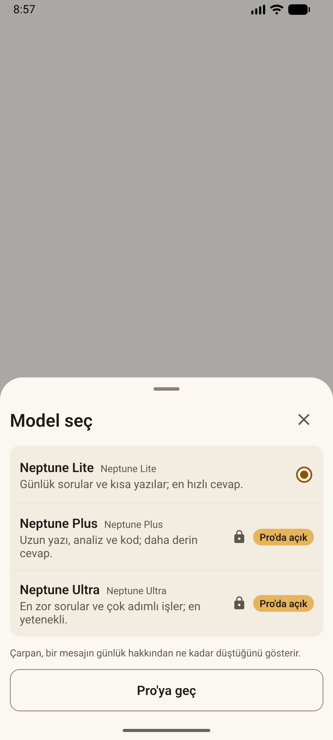 Model picker listing Neptune Lite, Plus and Ultra