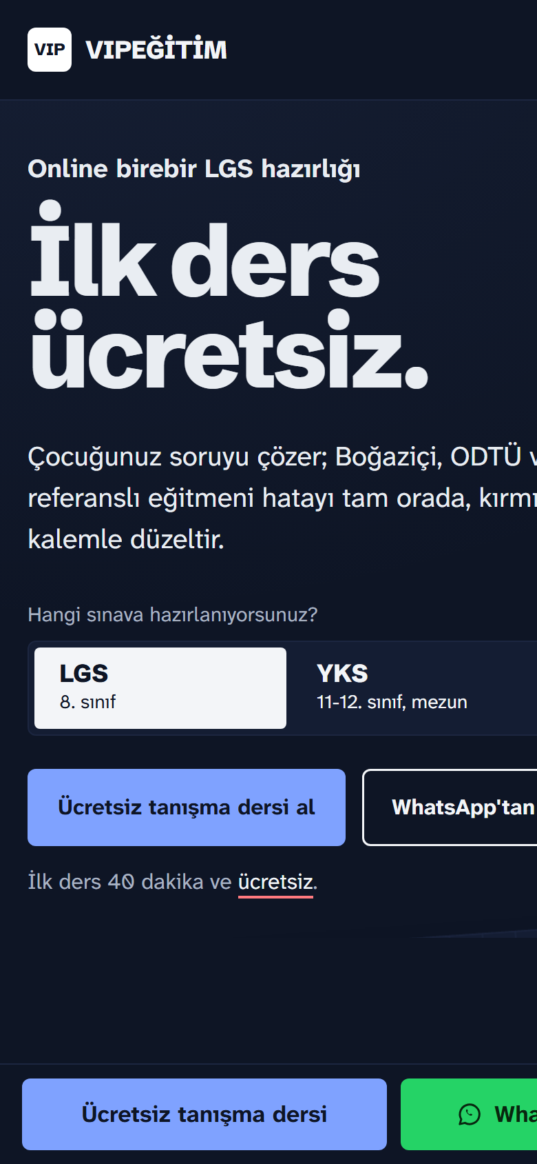 VIP Eğitim website on mobile: free first lesson for LGS students, with a level selector and a call to action