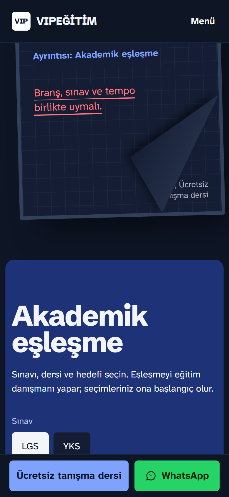 VIP Eğitim mobile page showing academic matching by exam and subject